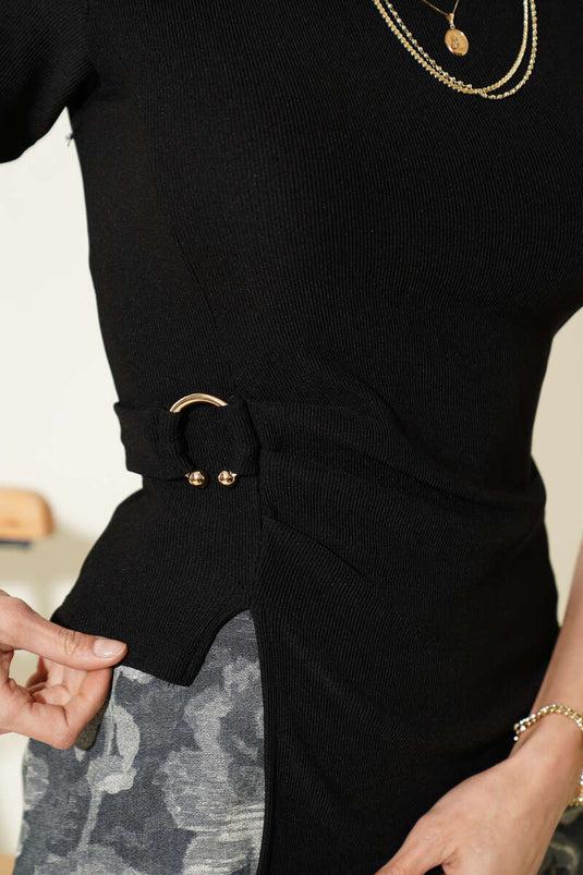 Black Ribbed Blouse with Buckle and Crew Neck