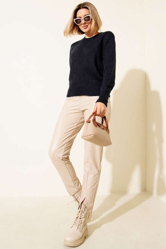 Crew Neck Knitted Sweater Navy Blue