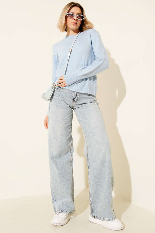 Blue Crew Neck Knit Sweater
