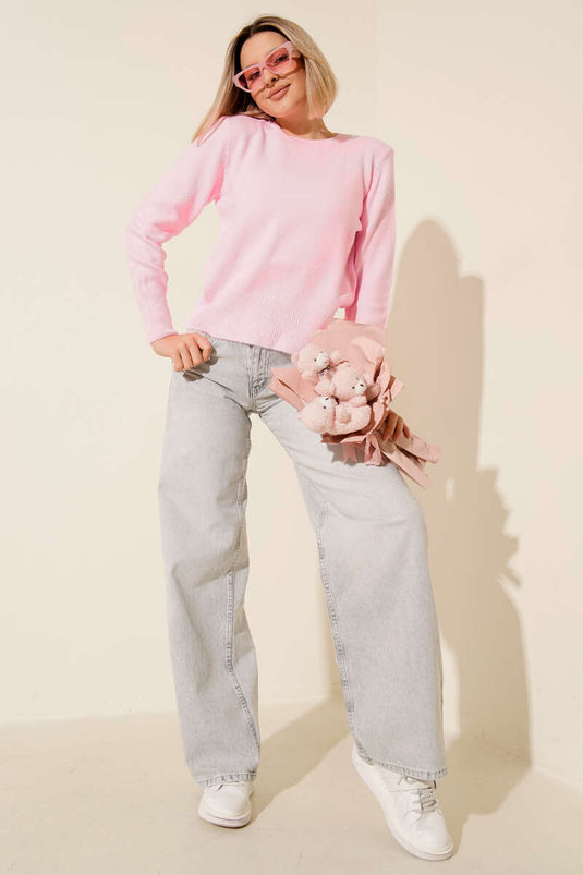 Pink Crew Neck Knit Sweater