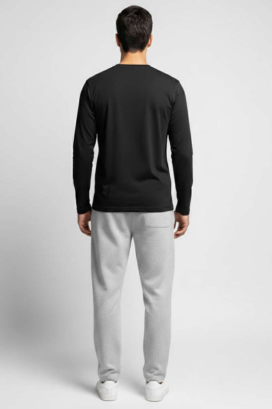 سويت شيرت أسود بأكمام طويلة وياقة دائرية