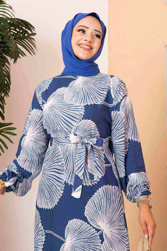 Robe hijab en viscose à col ras du cou indigo