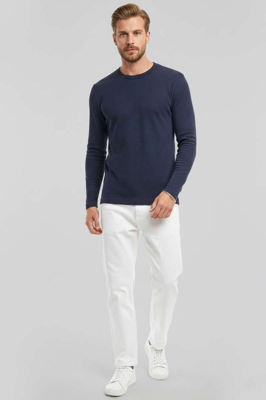 Crew Neck Waffle Men's Sweatshirt Navy Blue