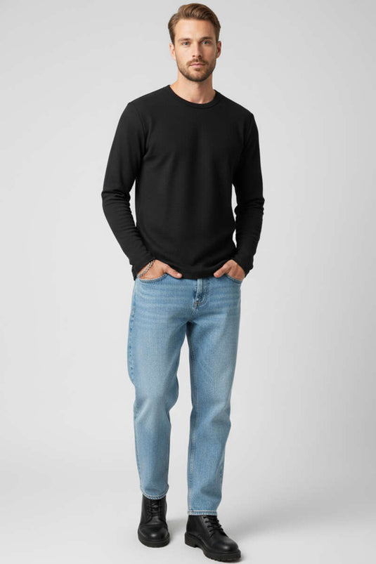 Crew Neck Waffle Men's Sweatshirt Black