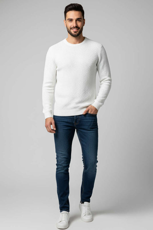 Pull homme en maille gaufrée à col rond, écru