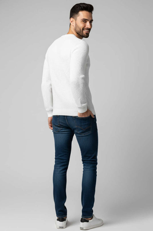 Pull homme en maille gaufrée à col rond, écru