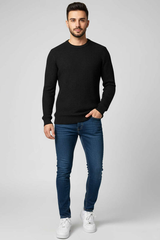 Pull en maille gaufrée à col rond pour homme, noir