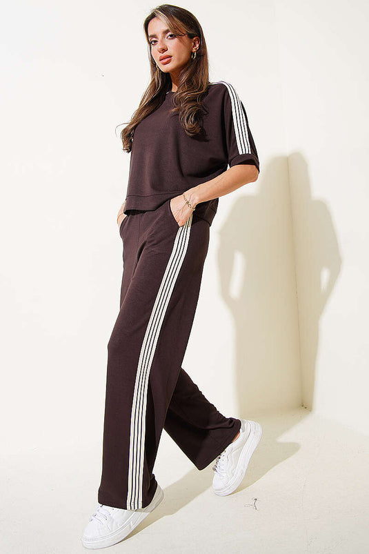 Crew Neck Side Striped Two-Piece Set Brown