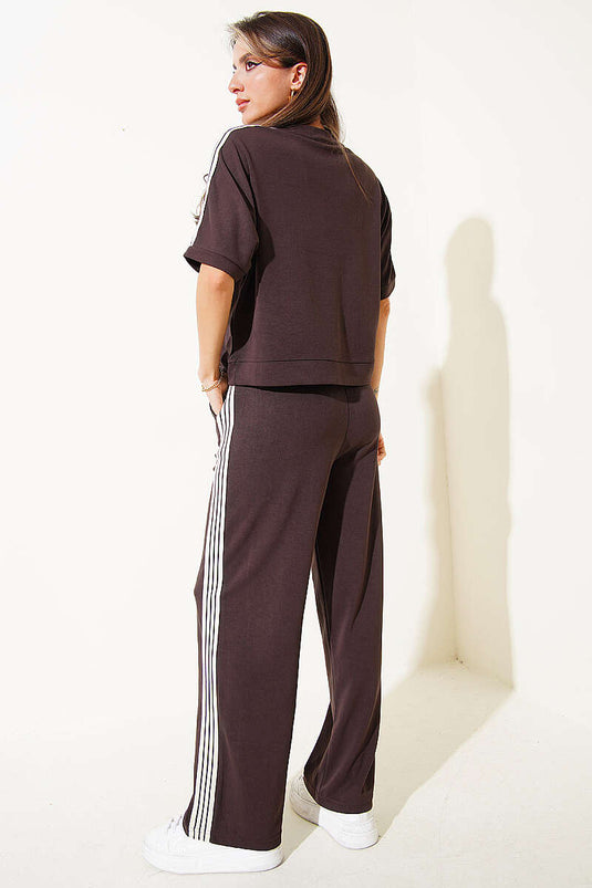 Crew Neck Side Striped Two-Piece Set Brown