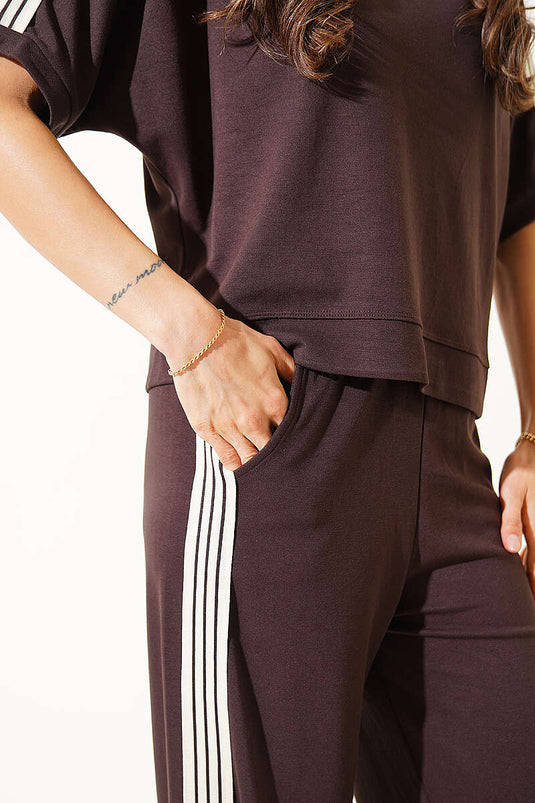 Crew Neck Side Striped Two-Piece Set Brown