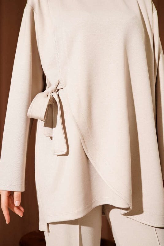 Crew Neck Two-Piece Set with Side Tie, Beige