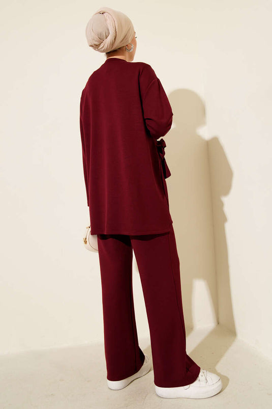 Two-Piece Set with Crew Neck and Side Tie, Burgundy