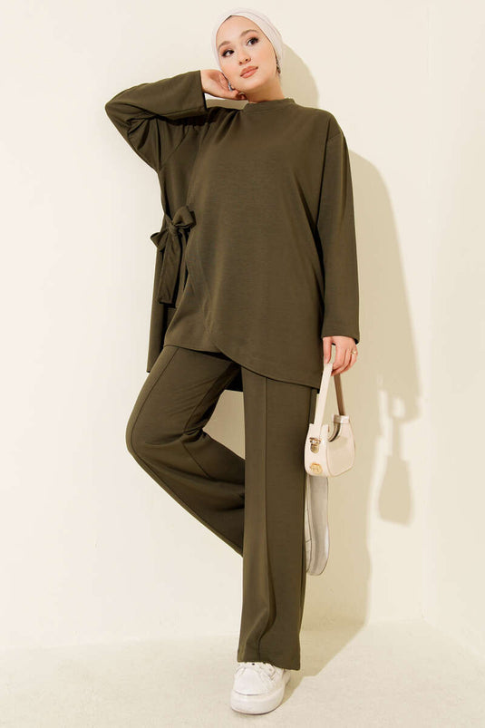 Crew Neck Side Tie Two Piece Suit Khaki