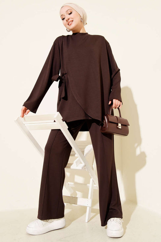 Bisiklet Yaka Yandan Bağlamalı İkili Takım Kahve