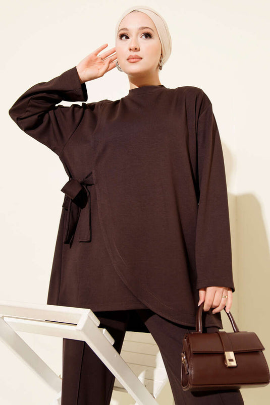 Bisiklet Yaka Yandan Bağlamalı İkili Takım Kahve