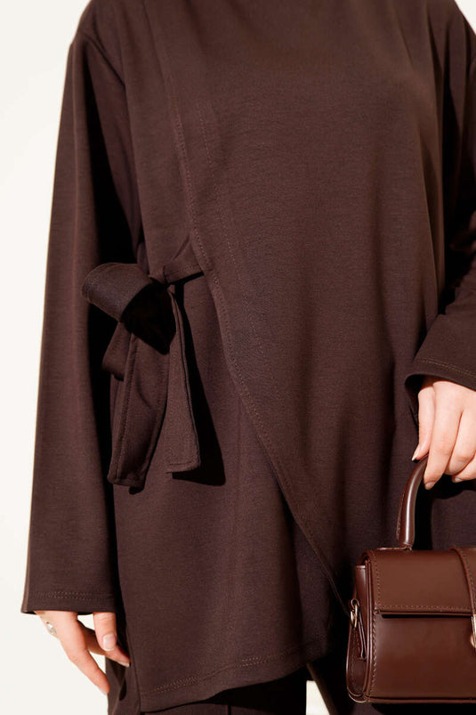 Bisiklet Yaka Yandan Bağlamalı İkili Takım Kahve