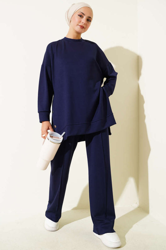 Crew Neck Two-Piece Set with Metal Buttons on the Sides, Navy Blue