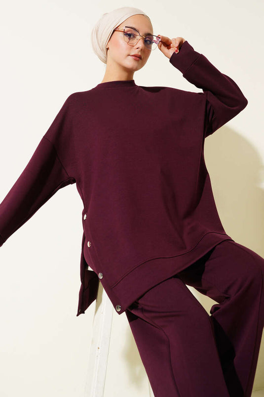 Crew Neck Two-Piece Set with Metal Buttoned Sides in Mürdüm