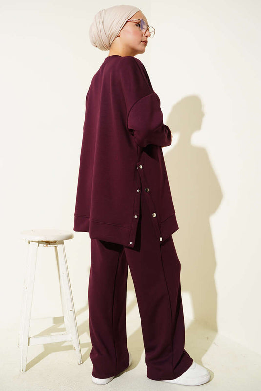 Crew Neck Two-Piece Set with Metal Buttoned Sides in Mürdüm