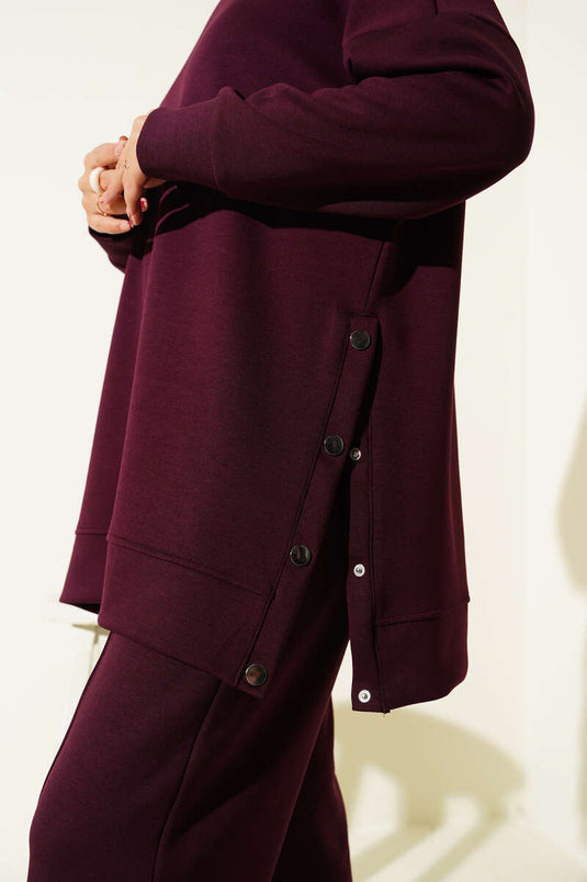 Crew Neck Two-Piece Set with Metal Buttoned Sides in Mürdüm