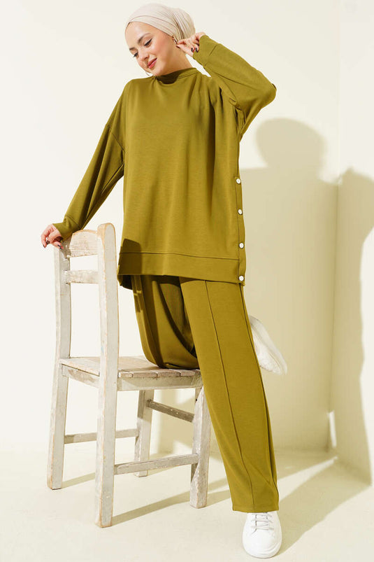 Bisiklet Yaka Yanları Metal Düğmeli İkili Takım Yağ Yeşili