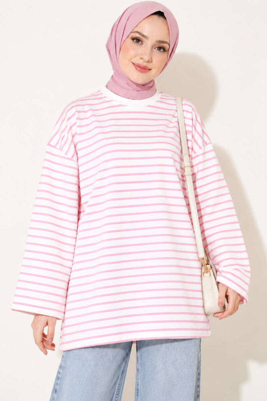 Tunika Rosa A Righe Con Collo A Bicicletta Oversize
