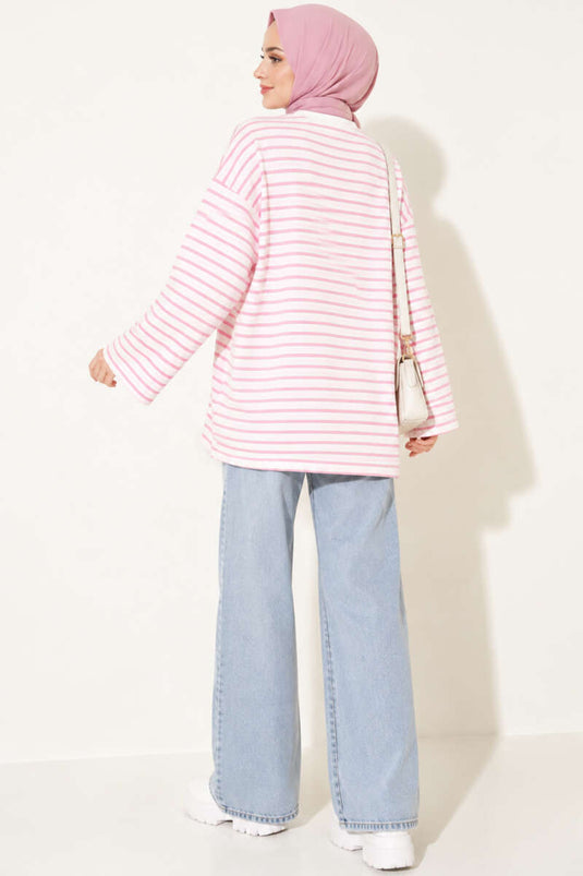Tunika Rosa A Righe Con Collo A Bicicletta Oversize