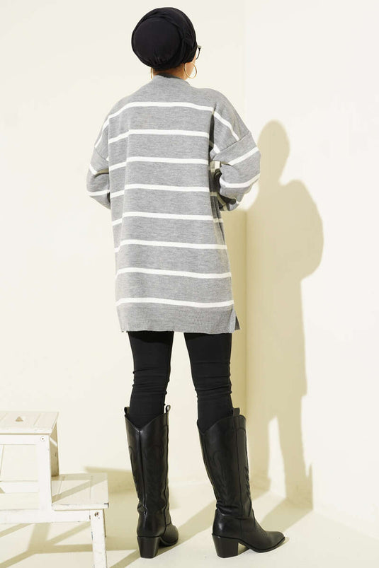 Crew Neck Horizontal Striped Knit Tunic Grey
