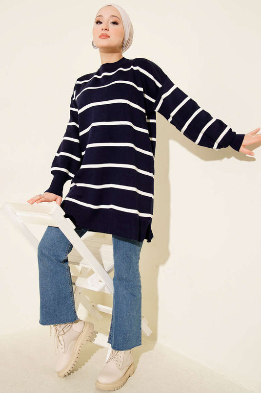Crew Neck Horizontal Striped Knit Tunic Navy Blue