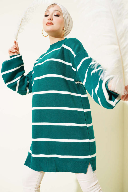 Stricktunika mit Rundhalsausschnitt, horizontal gestreift, Marineblau