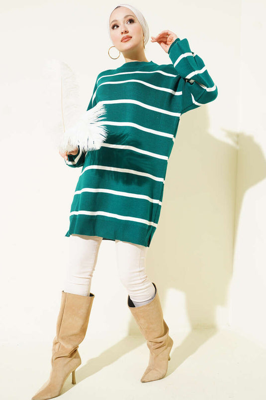 Crew Neck Horizontal Striped Knit Tunic, Navy Blue