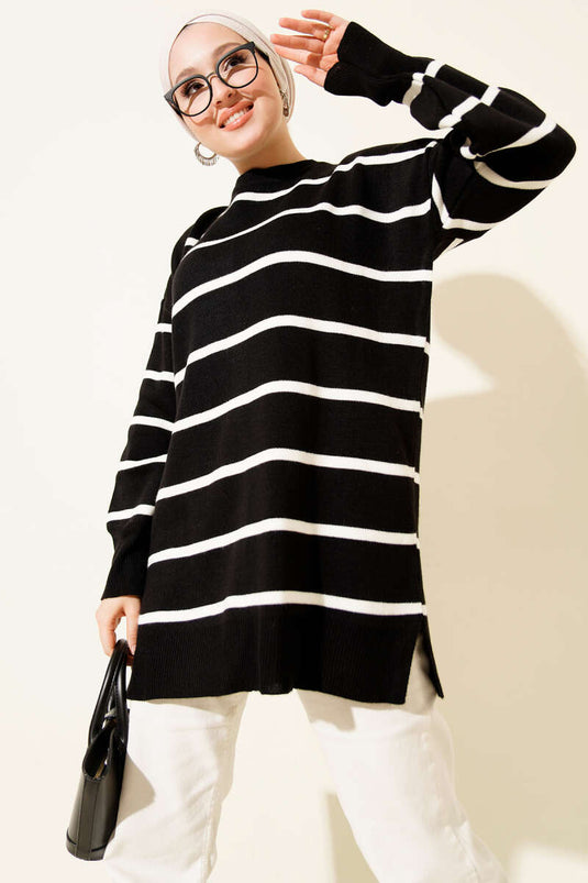 Crew Neck Horizontal Striped Knit Tunic Black