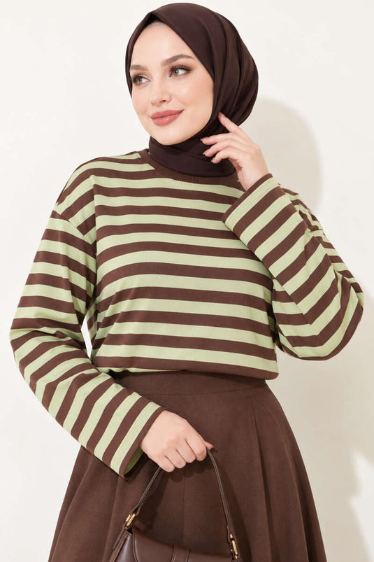 Tunika A Righe Con Collo Rotondo In Verde Menta