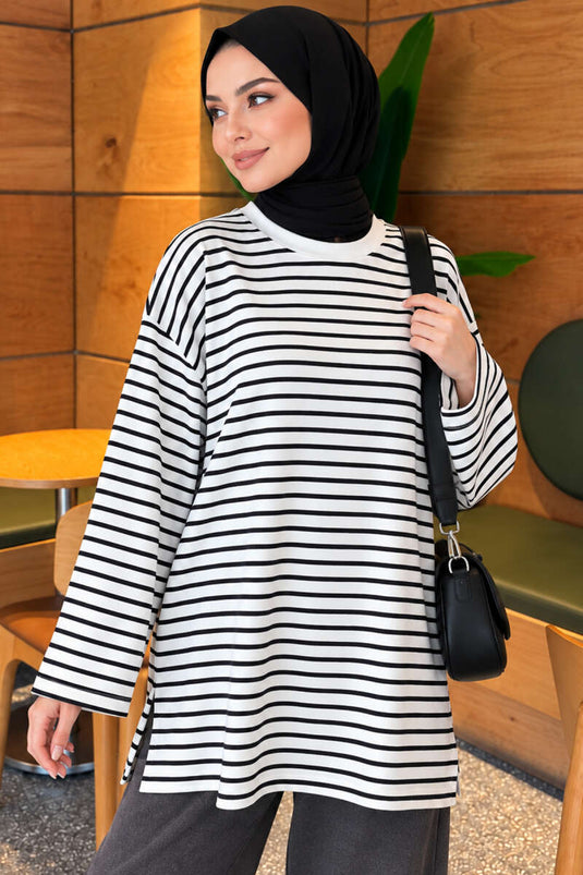 Black Striped Bicycle Neck Tunic With Side Slit