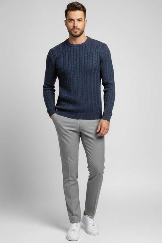 Suéter de punto para hombre con cuello redondo y estampado direccional, color índigo