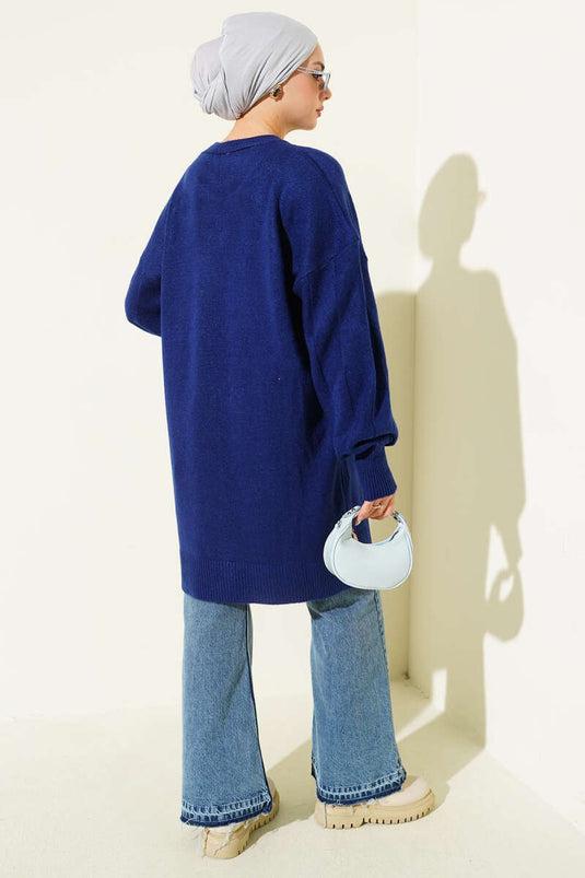 Tunique en maille douce à col rond et fentes latérales bleu marine