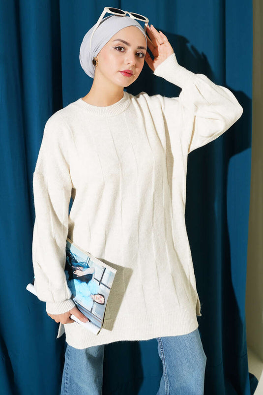 Crew Neck Soft Side Slit Knit Tunic Stone