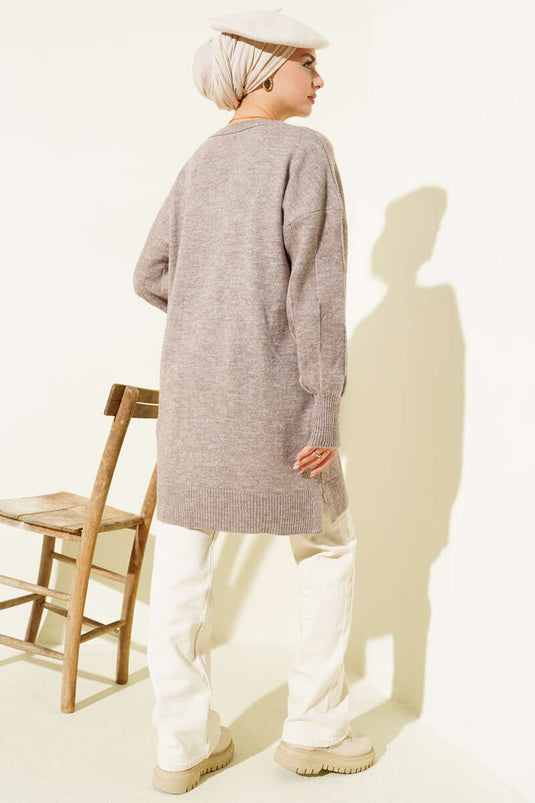 Tunique en maille douce à col rond et fentes latérales, couleur vison