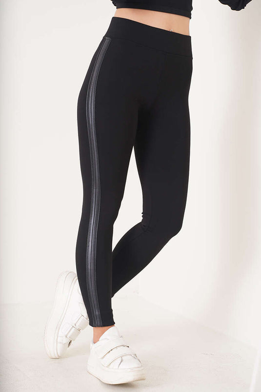 Legging En Cuir Passepoil Noir