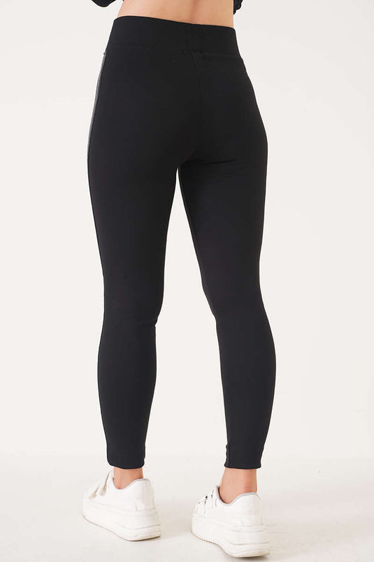 Paspelierte Lederleggings Schwarz