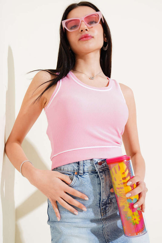 Crop Pink Camisole with Piping Detail and Straps
