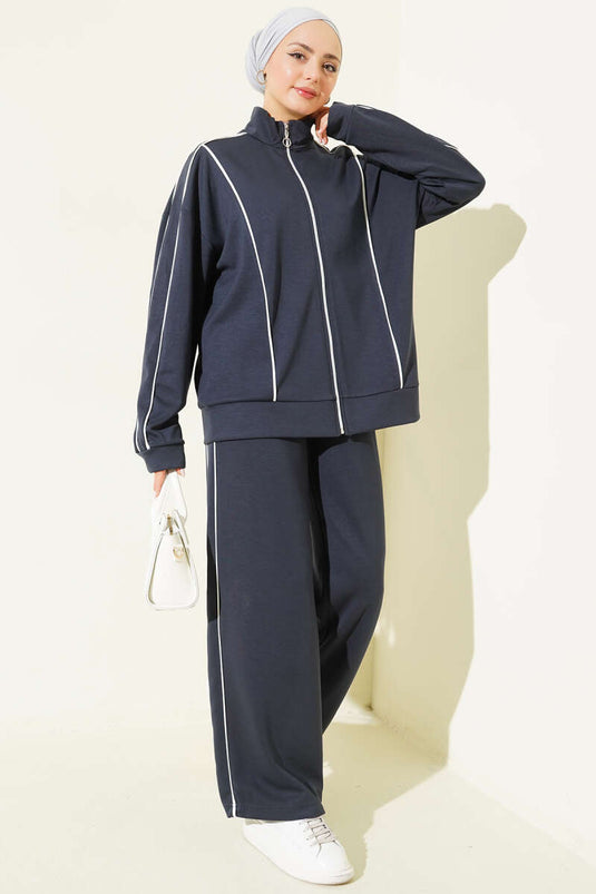 Two-Piece Set with Braid Detail and Zippered Jacket Slate Gray