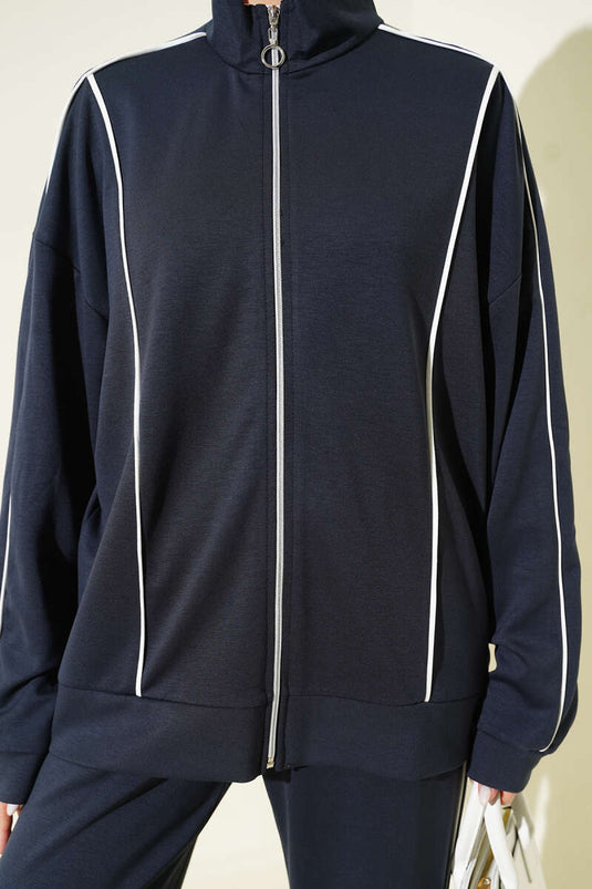 Two-Piece Set with Braid Detail and Zippered Jacket Slate Gray