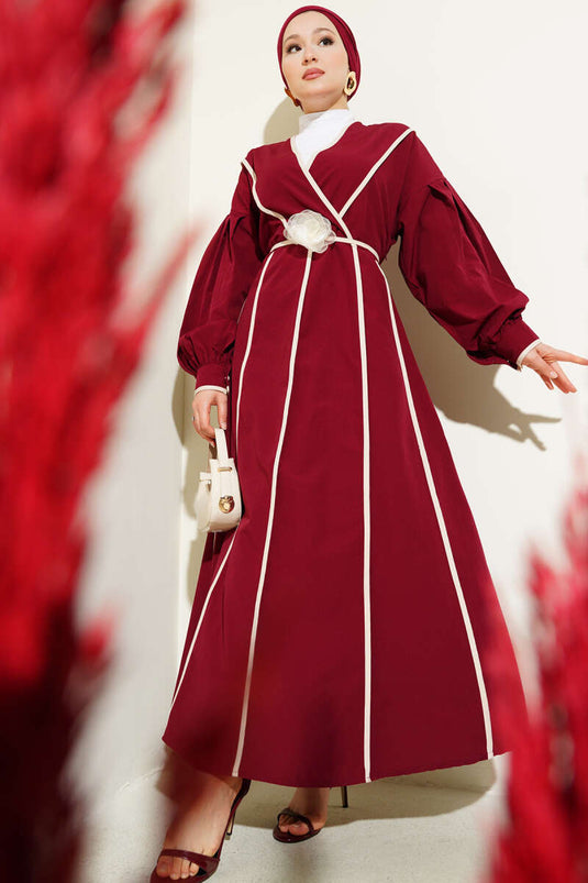 Poplin Dress with Piping Detail and Rose Belt, Burgundy