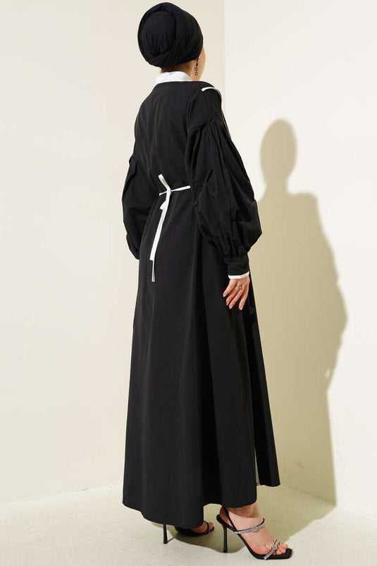 Poplin Dress with Piping Detail and Rose Belt, Black