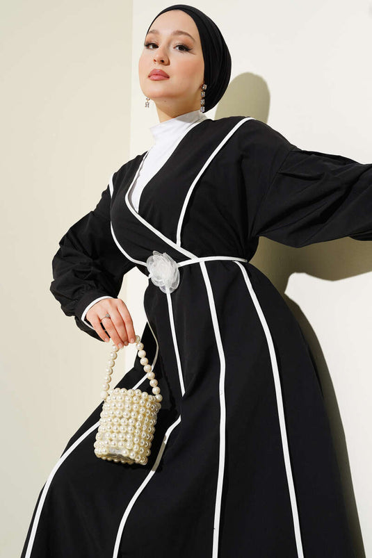 Poplin Dress with Piping Detail and Rose Belt, Black