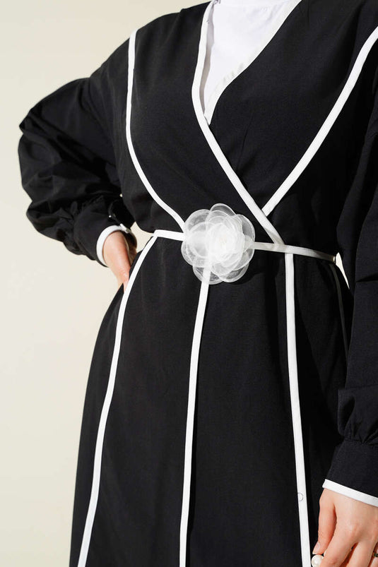 Poplin Dress with Piping Detail and Rose Belt, Black