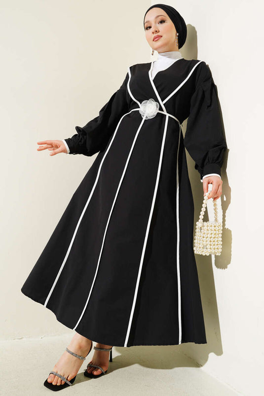 Poplin Dress with Piping Detail and Rose Belt, Black