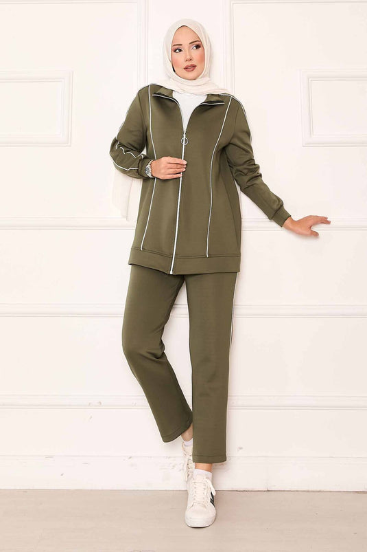 Costume deux pièces à passepoils détaillés kaki