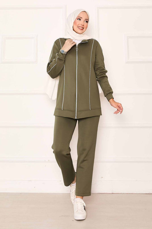 Costume deux pièces à passepoils détaillés kaki